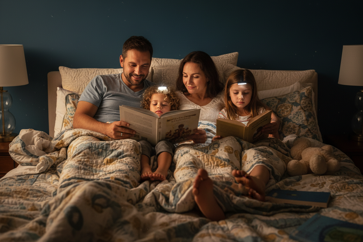 Familia feliz leyendo libros en la noche entre sabanas 